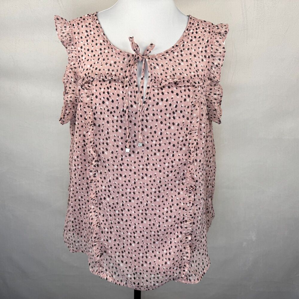 Adrienne Vittadini Women Blouse Sz L Sheer Pink Floral Split Neck Ruffle Sleeve